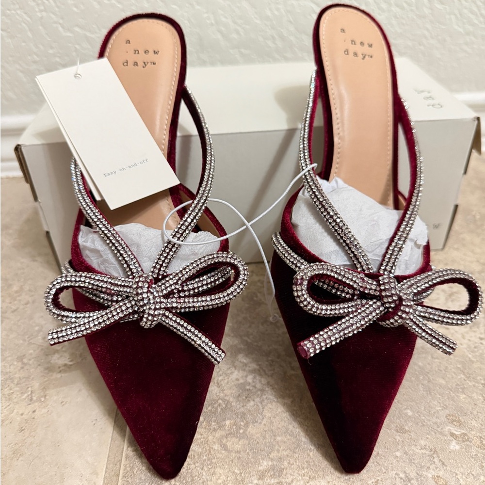 A New Day Burgundy Velvet Heels with Rhinestone Bow